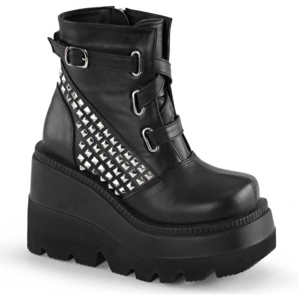 Demonia Black Platform Combat Boots with Silver Studs